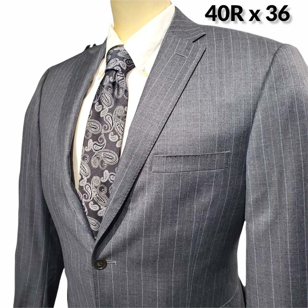 Tessuto Italiano Wool Suit 40 Reg x 36 Grey Baby Blue Chalkstripe